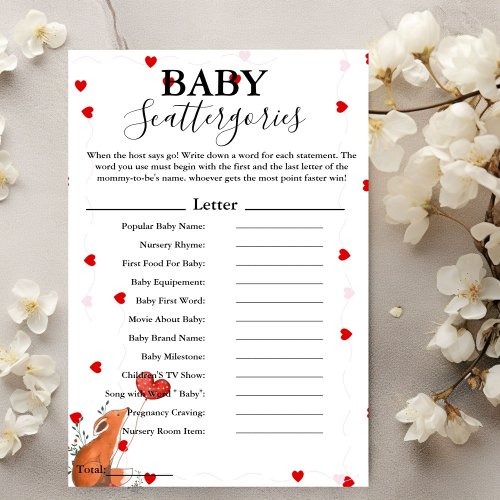 Valentine baby scattergories baby shower game Card