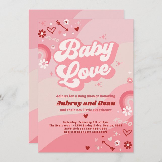 Valentine Baby Shower Groovy Baby Love Baby Shower Invitation (Front/Back)