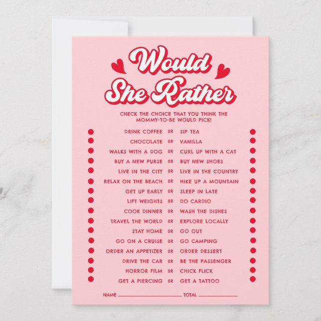 Valentine Baby Shower Would She Rather Game Card (Front)