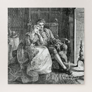 Valentine Be Mine Couple By Fireplace Monochrome Jigsaw Puzzle