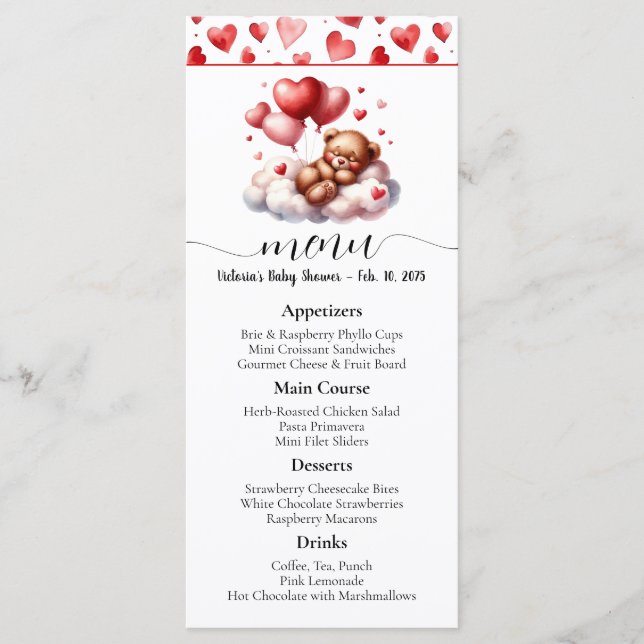 Valentine Bear Baby Shower Menu and Program (Front)