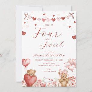 Valentine Bear Four Ever Sweet 4th Birthday Invite