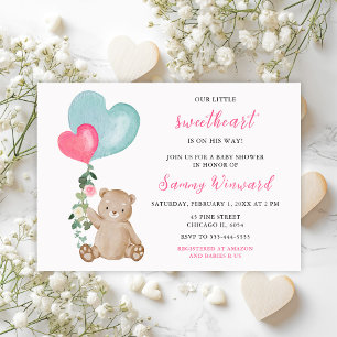 Valentine Bear Pink and Blue Heart Baby Shower Invitation