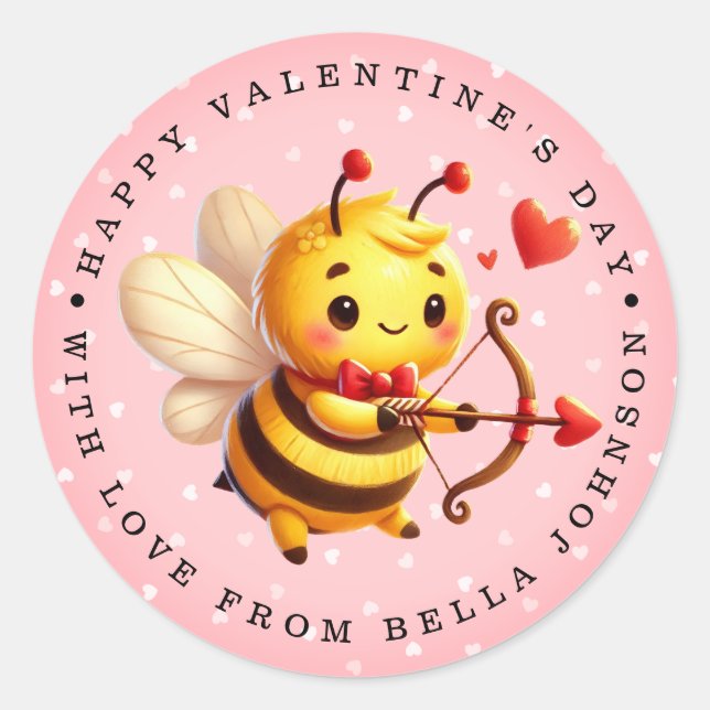 Valentine Bee Personalized Name Round Stickers (Front)