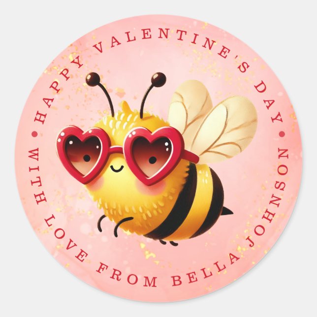 Valentine Bee Personalized Name Round Stickers (Front)