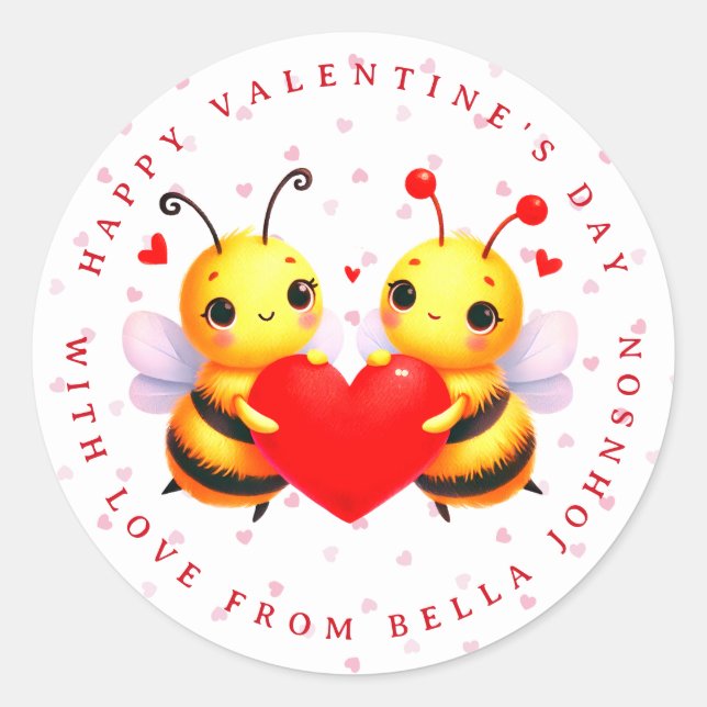 Valentine Bee Personalized Name Round Stickers (Front)