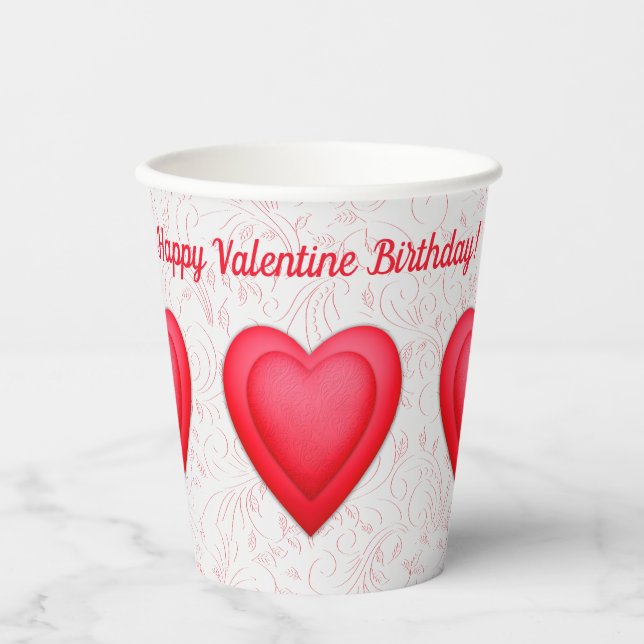 Valentine Birthday Fancy Red Hearts  Paper Cups (Front)