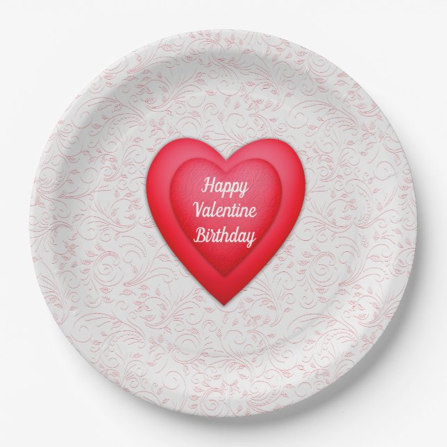 Valentine Birthday Fancy Red Hearts Personalized Paper Plates (Front)