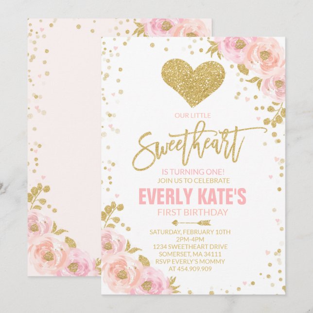Valentine Birthday Invitation Sweetheart Pink Gold (Front/Back)