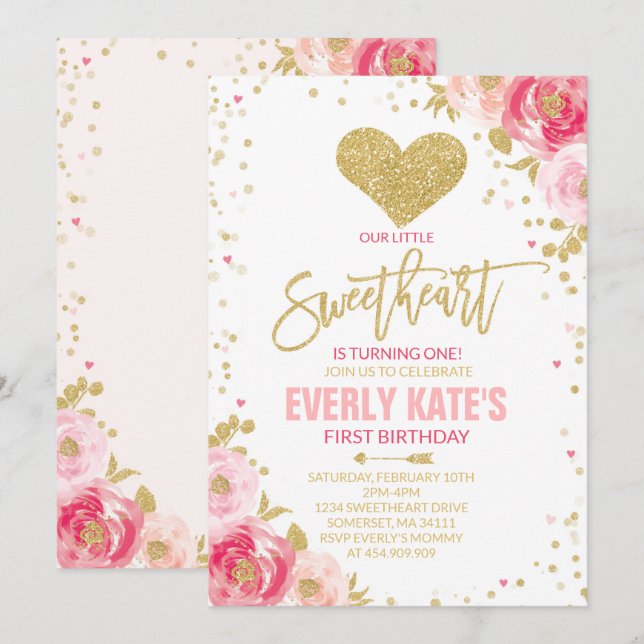 Valentine Birthday Invitation Sweetheart Pink Gold (Front/Back)