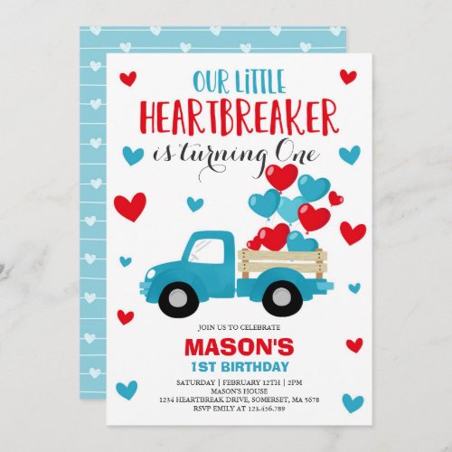 Valentine Birthday Invite Heartbreaker Blue Truck