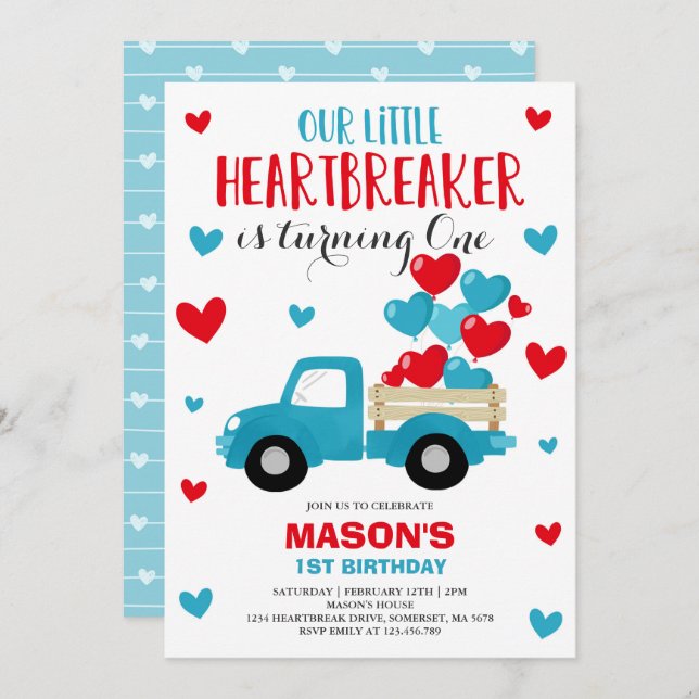 Valentine Birthday Invite Heartbreaker Blue Truck (Front/Back)