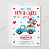 Valentine Birthday Invite Heartbreaker Blue Truck (Front)