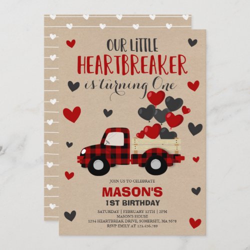Valentine Birthday Invite Heartbreaker Plaid Truck