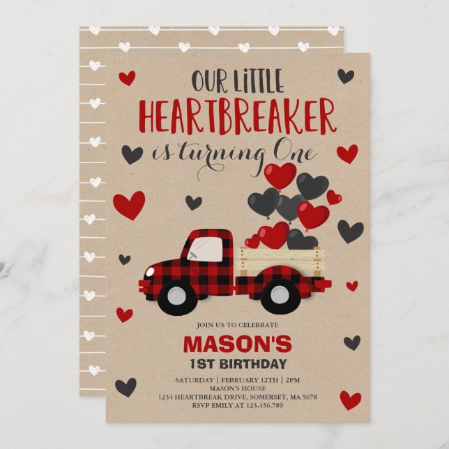 Valentine Birthday Invite Heartbreaker Plaid Truck (Front/Back)