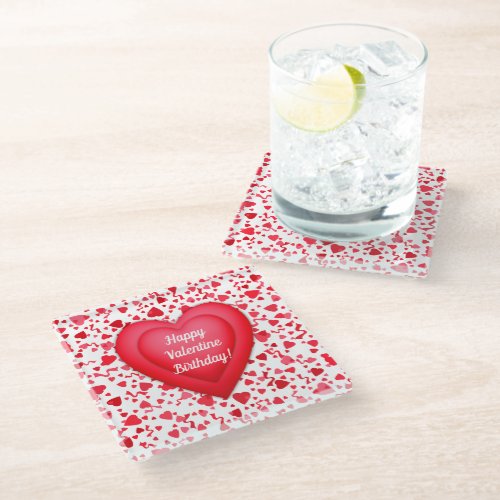 Valentine Birthday Red Confetti Heart Personalized Glass Coaster