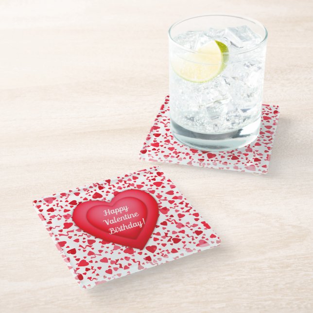 Valentine Birthday Red Confetti Heart Personalized Glass Coaster (Angled)