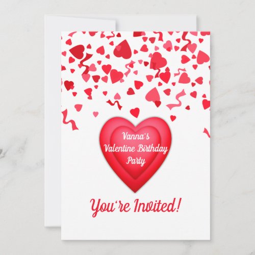 Valentine Birthday Red Confetti Heart Personalized Invitation