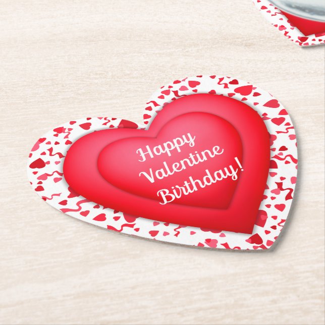 Valentine Birthday Red Confetti Heart Personalized Paper Coaster (Angled)