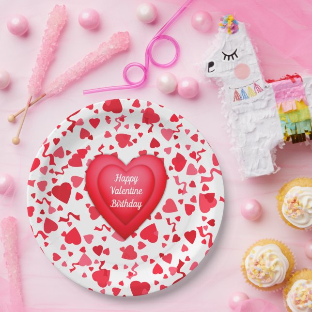 Valentine Birthday Red Confetti Heart Personalized Paper Plates (Party)
