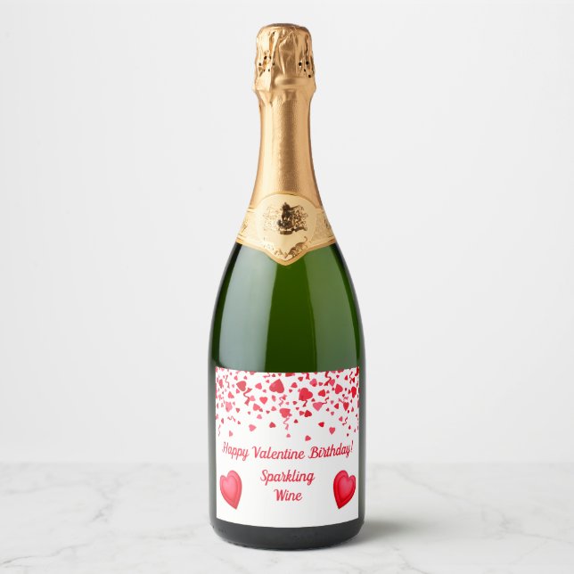 Valentine Birthday Red Confetti Heart Personalized Sparkling Wine Label (Front)