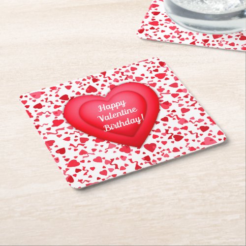 Valentine Birthday Red Confetti Heart Personalized Square Paper Coaster
