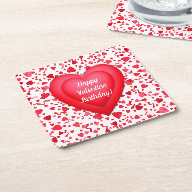 Valentine Birthday Red Confetti Heart Personalized Square Paper Coaster (Angled)