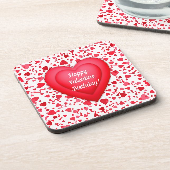 Valentine Birthday Red Confetti Hearts  Beverage Coaster (Left Side)
