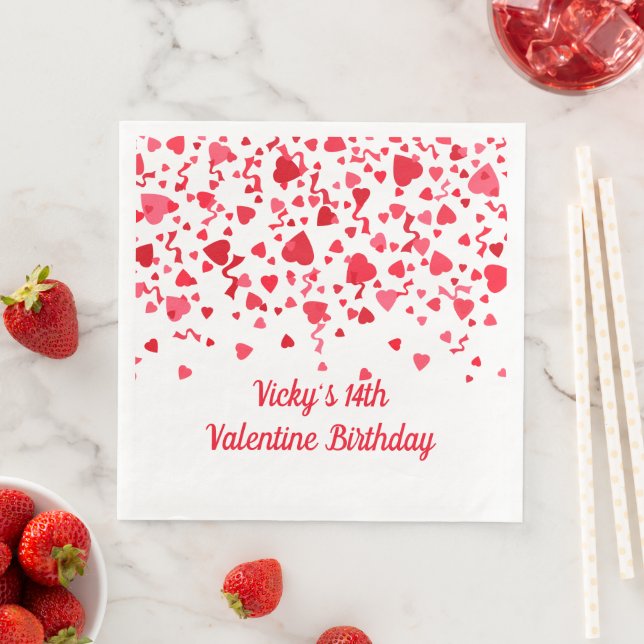 Valentine Birthday Red Confetti Hearts  Paper Dinner Napkins (Insitu)