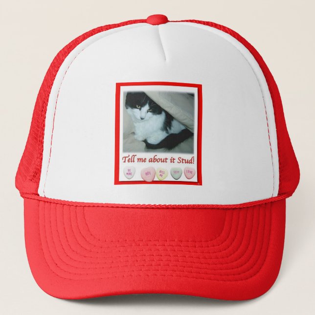 Valentine Black and White Cat Trucker Hat (Front)