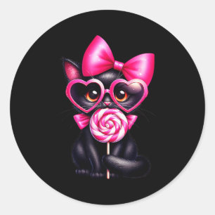Valentine Black Cat With Heart Sungles Bow Lollipo Classic Round Sticker