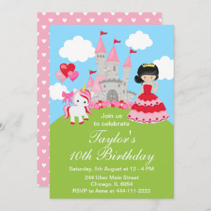 Valentine Black Hair Princess Unicorn Birthday Invitation