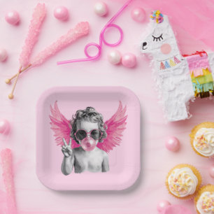 Valentine Blowing Bubble Cupid Valentines Day Paper Plates