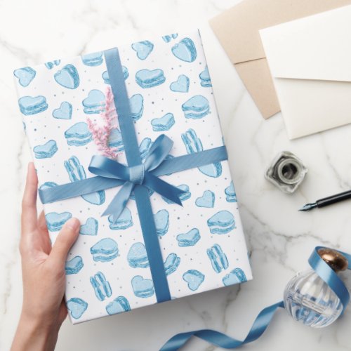 Valentine Blue Heart Macarons Wrapping Paper