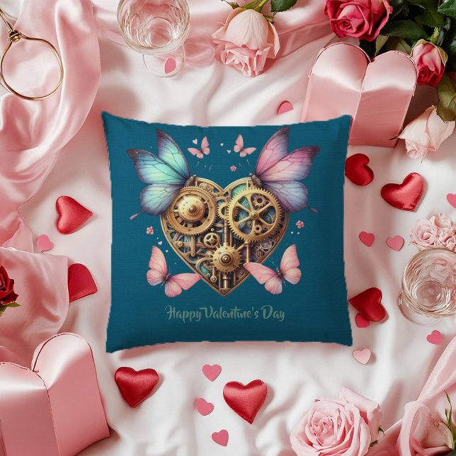 Valentine Blue Purple Butterfly Steampunk Heart Throw Pillow (Creator Uploaded)
