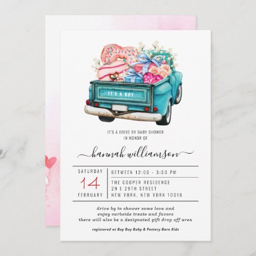 Valentine Blue Truck  Drive_By Baby Shower Invitation