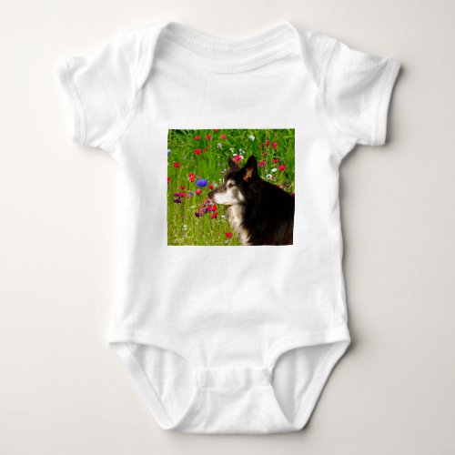 Valentine Border Collie with beautiful flowers Baby Bodysuit