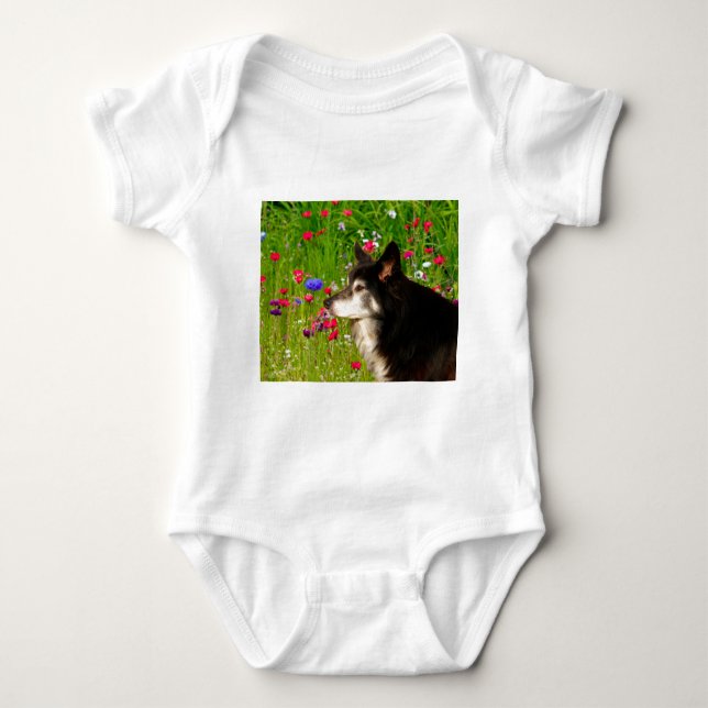 Valentine Border Collie with beautiful flowers Baby Bodysuit (Front)