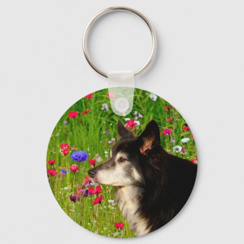 Valentine Border Collie with beautiful flowers Keychain