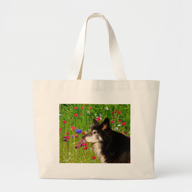 Valentine Border Collie with beautiful flowers Large Tote Bag (Front)