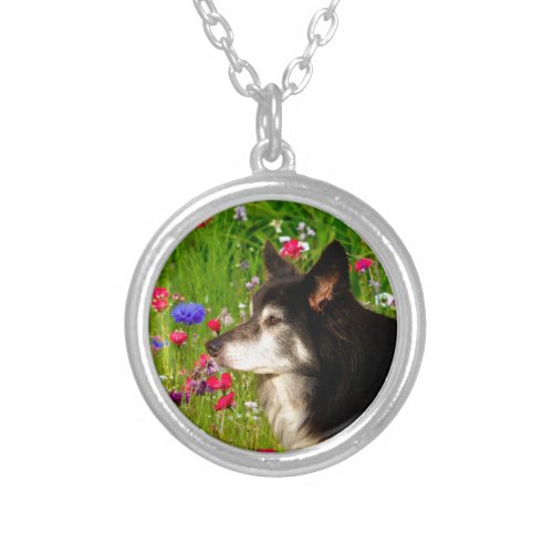 Valentine Border Collie with beautiful flowers Silver Plated Necklace