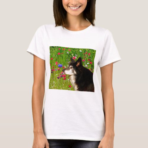 Valentine Border Collie with beautiful flowers T_Shirt