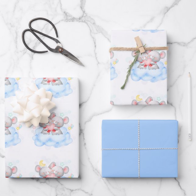 Valentine Boy Cute Baby Mice Wrapping Paper Sheets (Front)