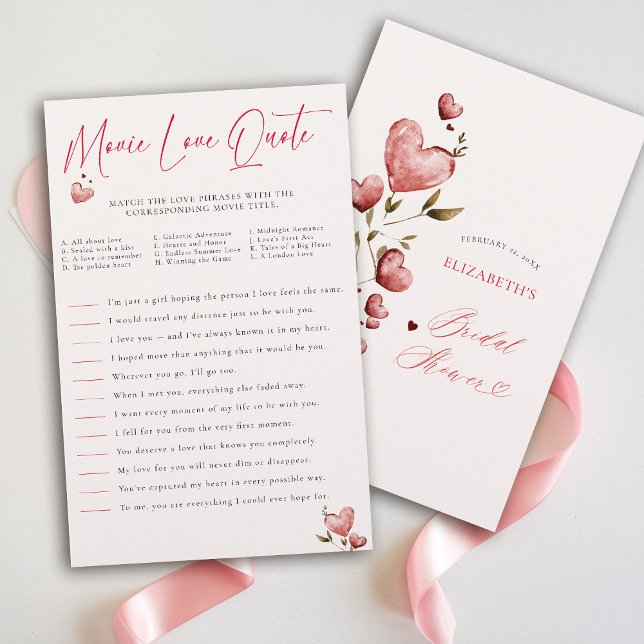 Valentine Bridal Shower Game Match Movie Quotes  Flyer (valentine bridal shower game movie love quote brunch bubbly watercolor hearts showered with love)
