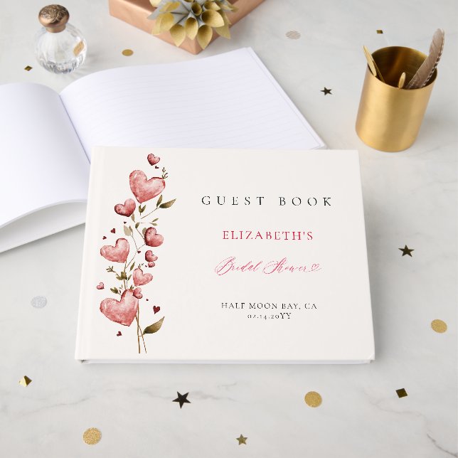 Valentine Bridal Shower Whimsical Hearts Botanical Guest Book (Front Open)