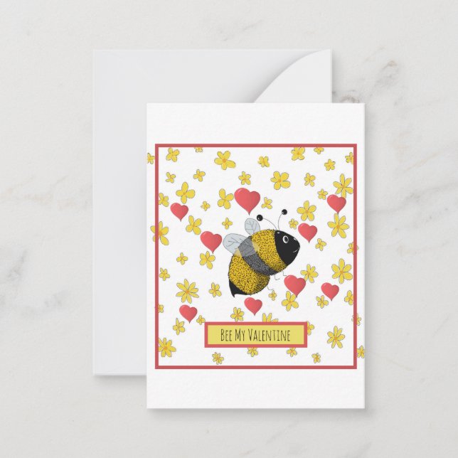 Valentine Bumblebee Daisy Pink Heart Cute Note Card (Front)
