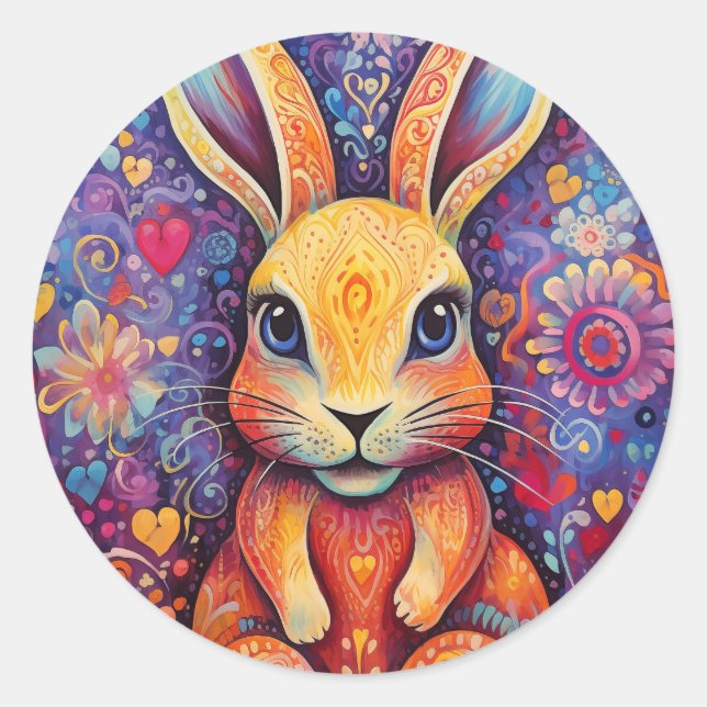 Valentine Bunny Flowers hearts purple Classic Round Sticker (Front)