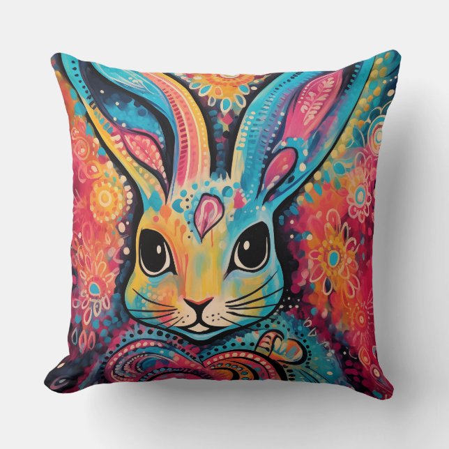 Valentine Bunny Positive vibes hearts Throw Pillow (Front)