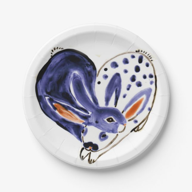 Valentine Bunny Rabbits Heart Blue & White Modern Paper Plates (Front)