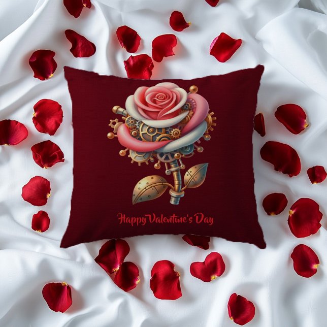 Valentine Burgundy Pink White Steampunk Roses Throw Pillow (Creator Uploaded)